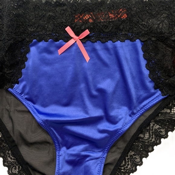 SOLD - Splendies Size 4X Royal Lace Bikini Panties Cobalt Blue Satin Black Mesh - Picture 2 of 9